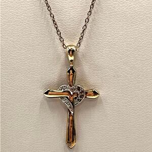 RJ Sterling Silver Vermeil Diamond Heart Cross Pendant Cable Chain Necklace
